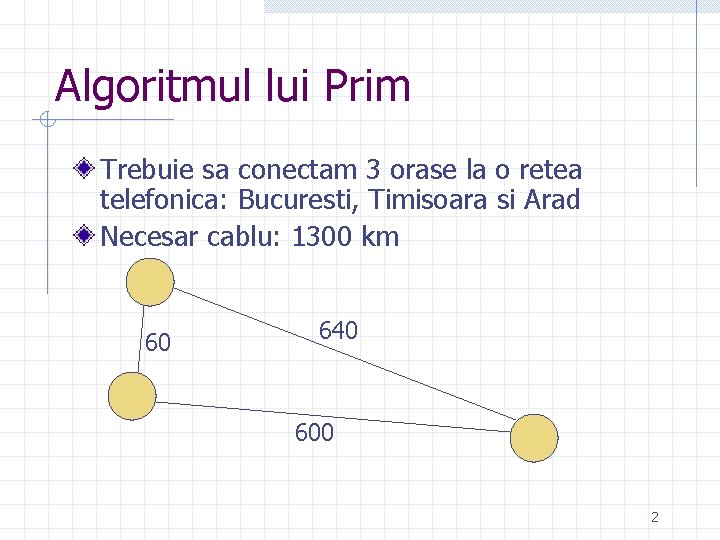 Algoritmul lui Prim Trebuie sa conectam 3 orase la o retea telefonica: Bucuresti, Timisoara Algoritmul lui Prim Trebuie sa conectam 3 orase la o retea telefonica: Bucuresti, Timisoara