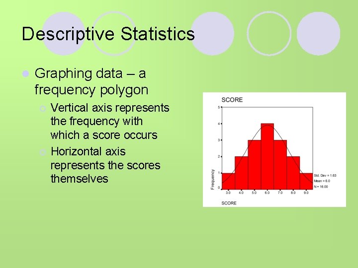 Descriptive Statistics l Graphing data – a frequency polygon ¡ ¡ Vertical axis represents