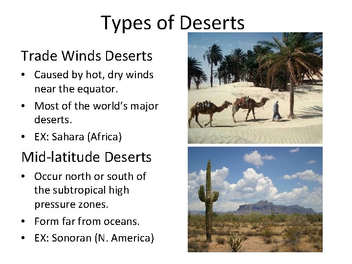 Types of Deserts Trade Winds Deserts • Caused by hot, dry winds near the