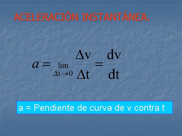 ACELERACIÓN INSTANTÁNEA. a = Pendiente de curva de v contra t 