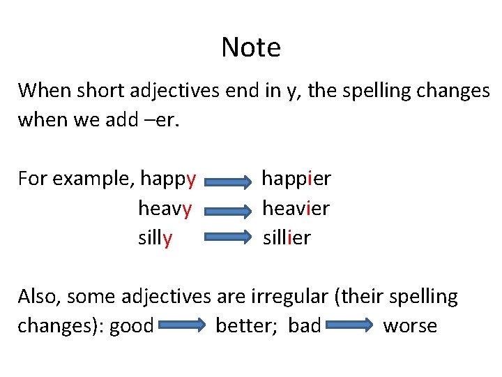 Note When short adjectives end in y, the spelling changes when we add –er.