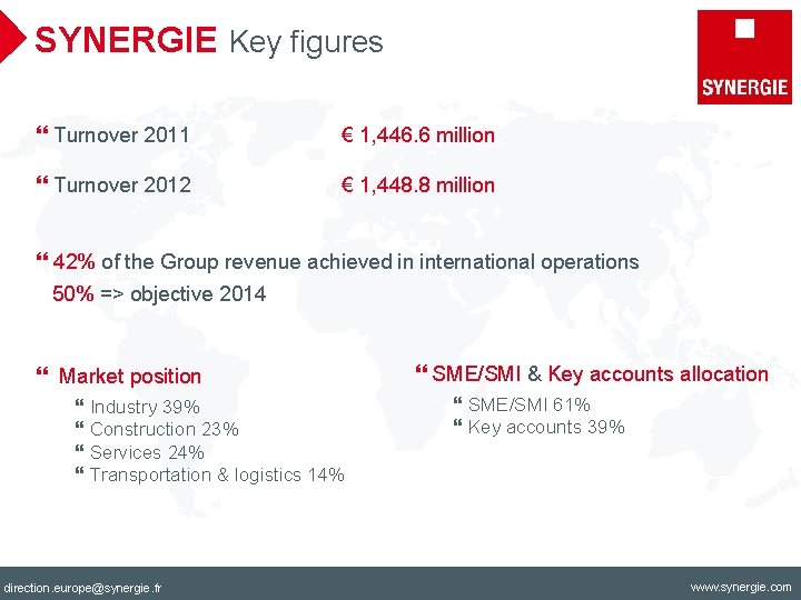 SYNERGIE Key figures } Turnover 2011 € 1, 446. 6 million } Turnover 2012