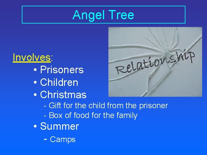 Angel Tree Involves: • Prisoners • Children • Christmas - Gift for the child