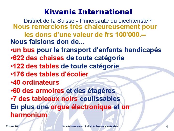 Kiwanis International District de la Suisse - Principauté du Liechtenstein Nous remercions très chaleureusement