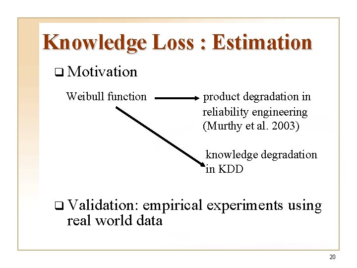 Knowledge Loss : Estimation q Motivation Weibull function product degradation in reliability engineering (Murthy Knowledge Loss : Estimation q Motivation Weibull function product degradation in reliability engineering (Murthy