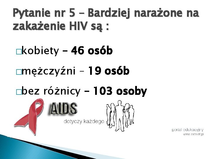 Pytanie nr 5 – Bardziej narażone na zakażenie HIV są : �kobiety – 46