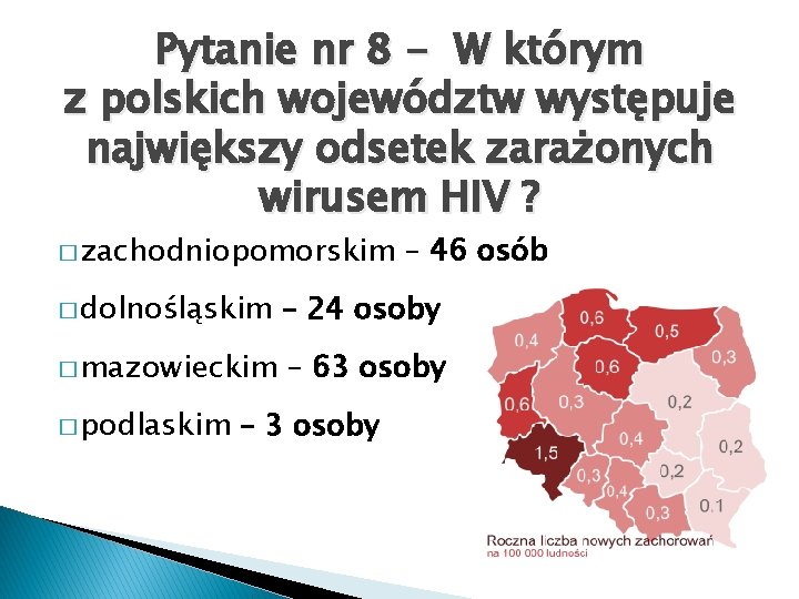 Pytanie nr 8 - W którym z polskich województw występuje największy odsetek zarażonych wirusem