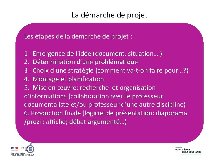 La démarche de projet Les étapes de la démarche de projet : 1. Emergence