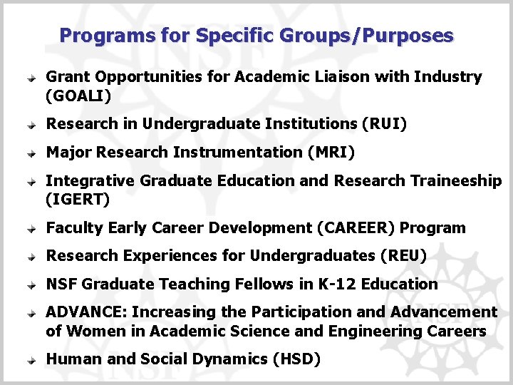 Programs for Specific Groups/Purposes Grant Opportunities for Academic Liaison with Industry (GOALI) Research in