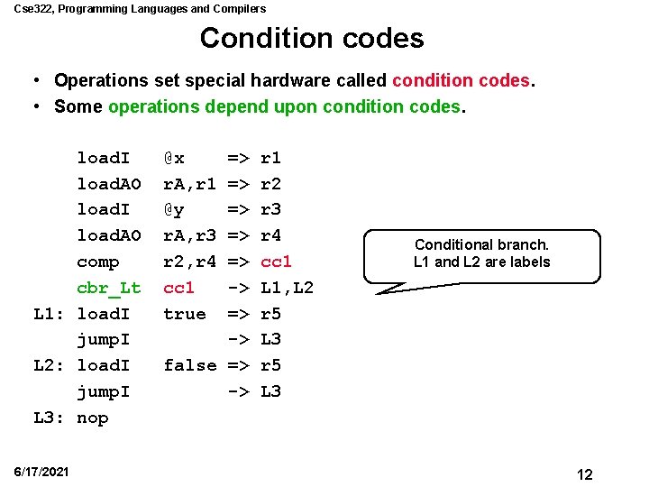 Cse 322, Programming Languages and Compilers Condition codes • Operations set special hardware called