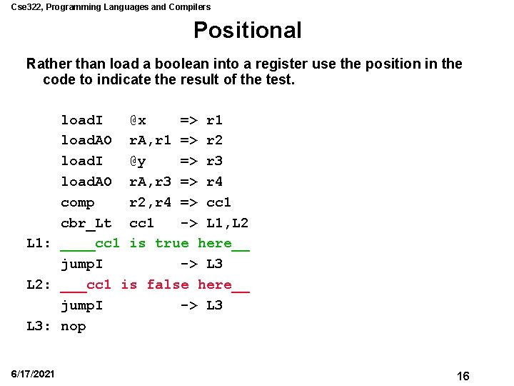 Cse 322, Programming Languages and Compilers Positional Rather than load a boolean into a