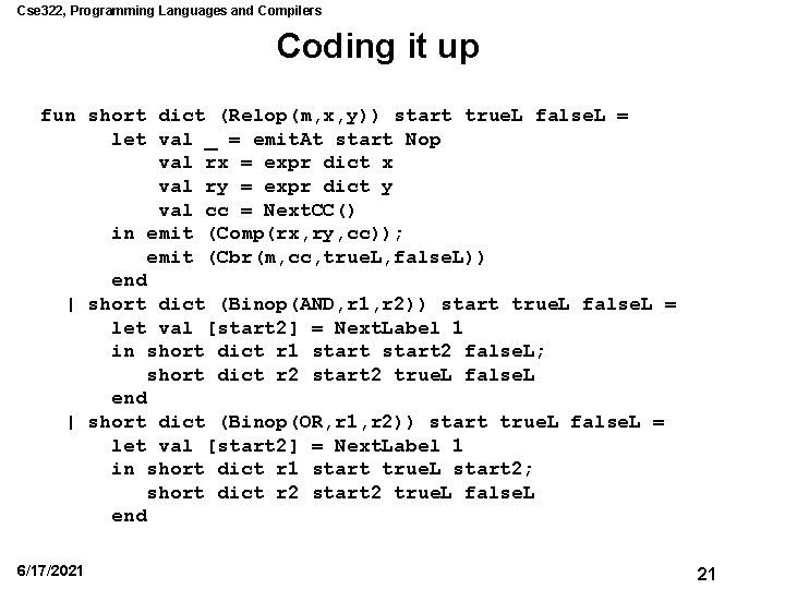 Cse 322, Programming Languages and Compilers Coding it up fun short dict (Relop(m, x,