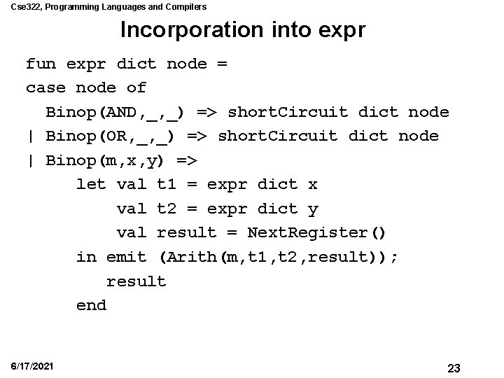 Cse 322, Programming Languages and Compilers Incorporation into expr fun expr dict node =