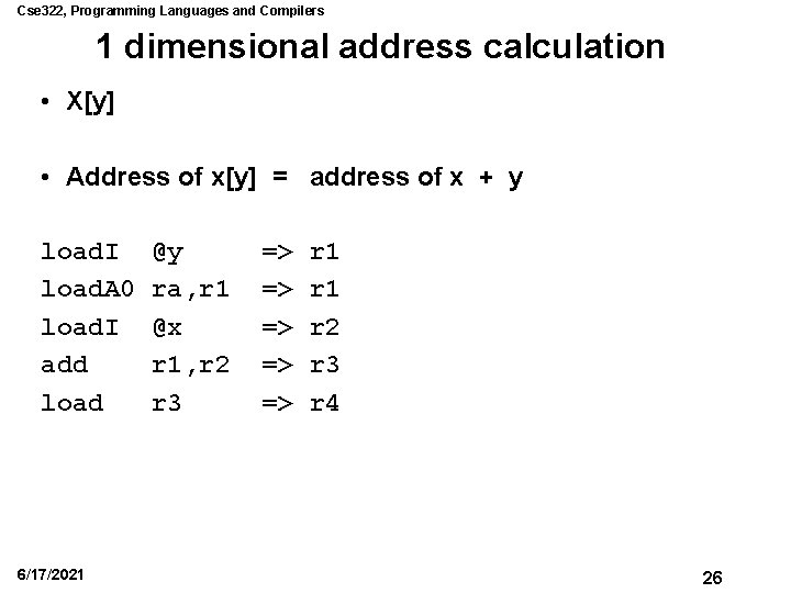 Cse 322, Programming Languages and Compilers 1 dimensional address calculation • X[y] • Address