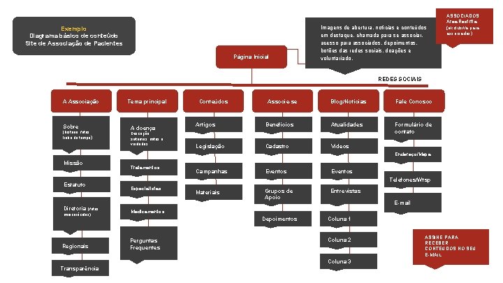 Exemplo Diagrama básico de conteúdo Site de Associação de Pacientes Página Inicial Imagens de