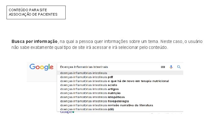 CONTEÚDO PARA SITE ASSOCIAÇÃO DE PACIENTES Busca por informação, na qual a pessoa quer