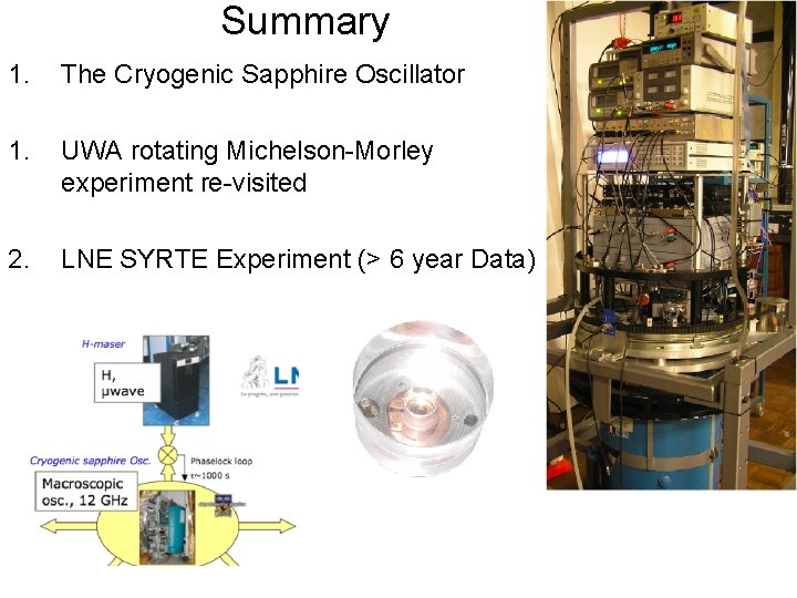 Summary 1. The Cryogenic Sapphire Oscillator 1. UWA rotating Michelson-Morley experiment re-visited 2. LNE
