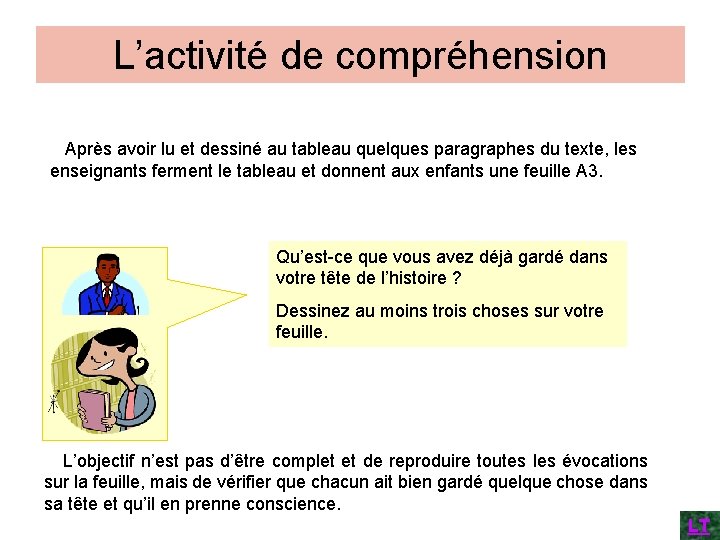 L’activité de compréhension Après avoir lu et dessiné au tableau quelques paragraphes du texte,