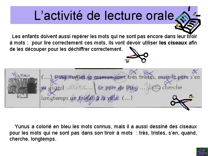 L’activité de lecture orale Les enfants doivent aussi repérer les mots qui ne sont