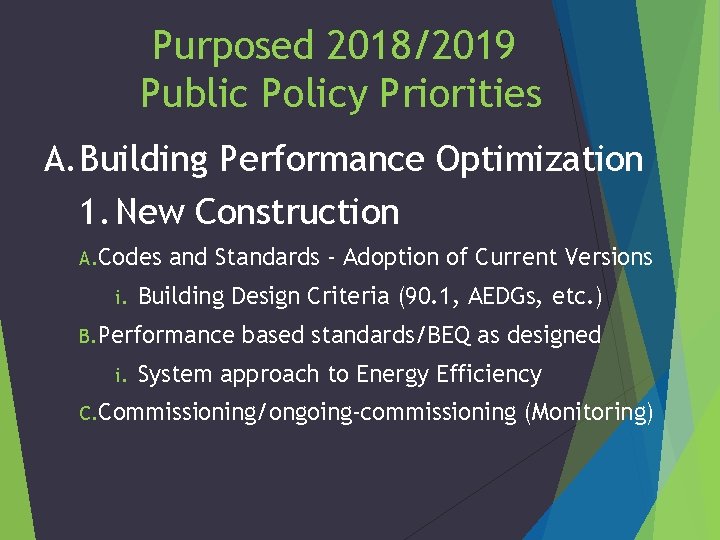 Purposed 2018/2019 Public Policy Priorities A. Building Performance Optimization 1. New Construction A. Codes