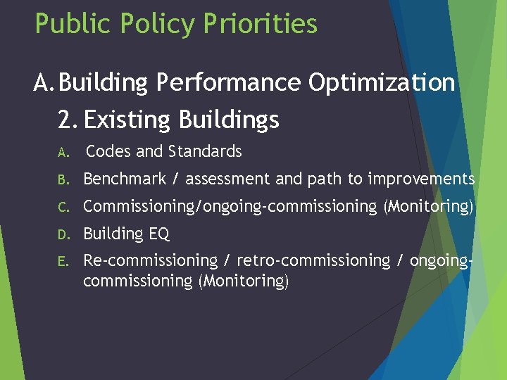 Public Policy Priorities A. Building Performance Optimization 2. Existing Buildings A. Codes and Standards