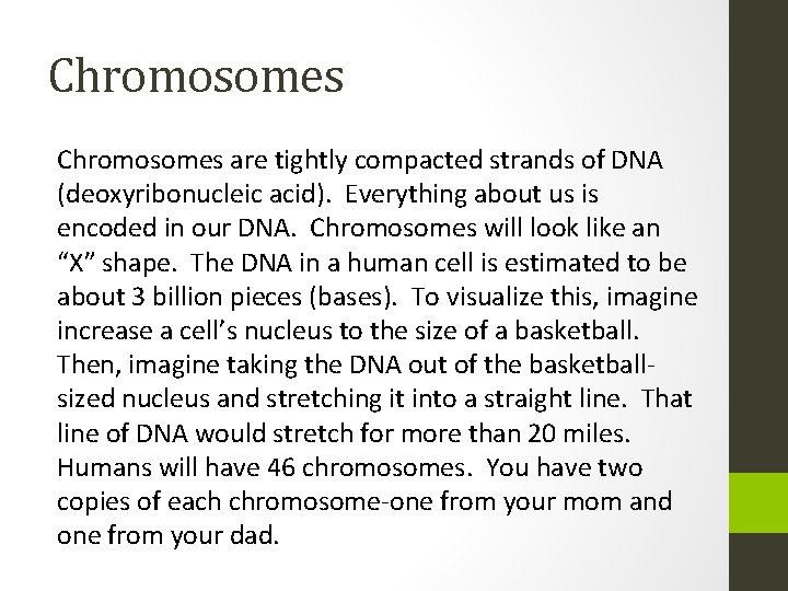 Chromosomes are tightly compacted strands of DNA (deoxyribonucleic acid). Everything about us is encoded