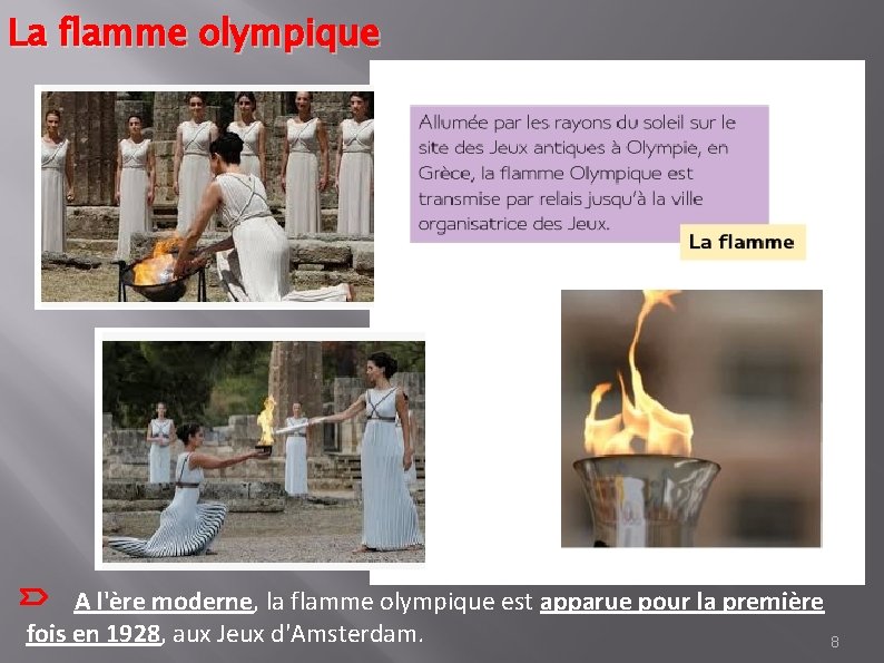 La flamme olympique A l'ère moderne, la flamme olympique est apparue pour la première