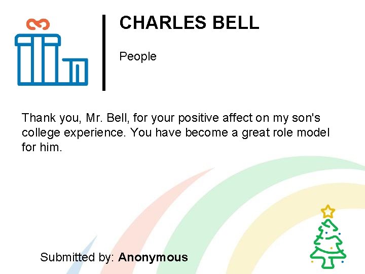 CHARLES BELL People Thank you, Mr. Bell, for your positive affect on my son's