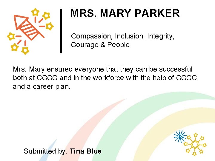 MRS. MARY PARKER Compassion, Inclusion, Integrity, Courage & People Mrs. Mary ensured everyone that