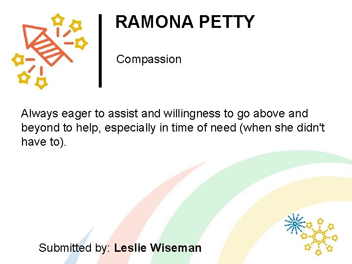 RAMONA PETTY Compassion Always eager to assist and willingness to go above and beyond