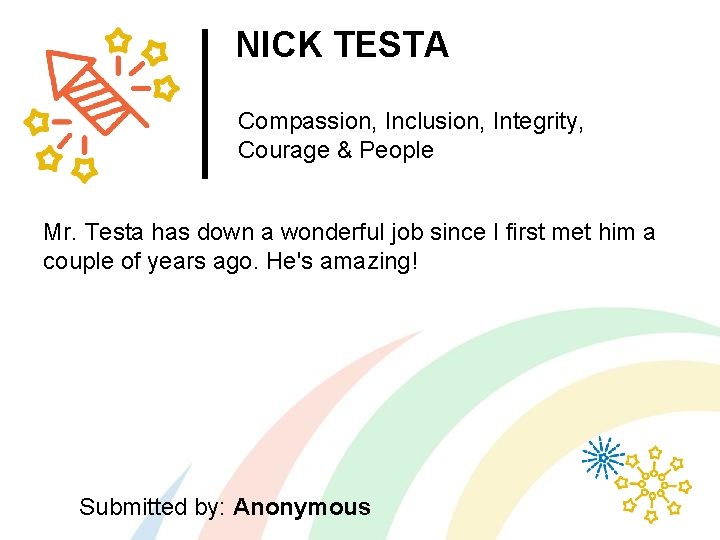 NICK TESTA Compassion, Inclusion, Integrity, Courage & People Mr. Testa has down a wonderful