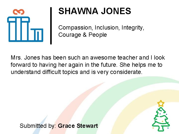 SHAWNA JONES Compassion, Inclusion, Integrity, Courage & People Mrs. Jones has been such an