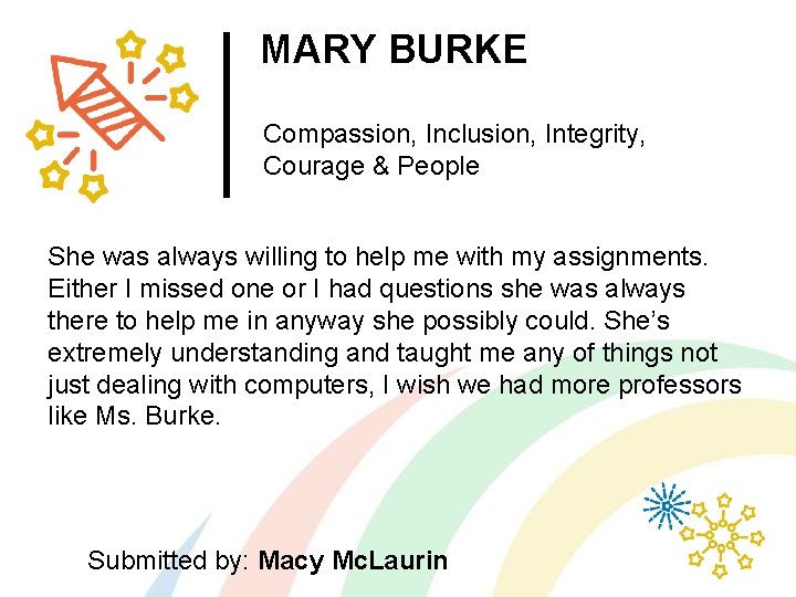 MARY BURKE Compassion, Inclusion, Integrity, Courage & People She was always willing to help