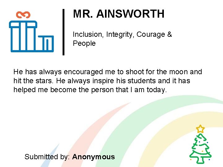 MR. AINSWORTH Inclusion, Integrity, Courage & People He has always encouraged me to shoot
