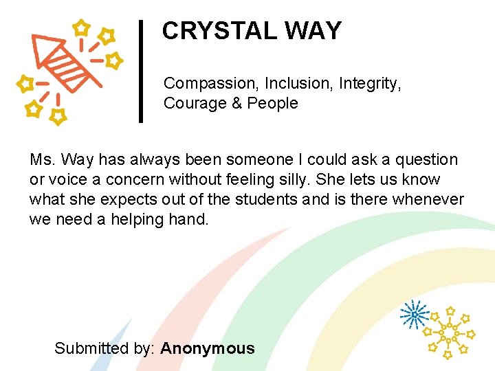 CRYSTAL WAY Compassion, Inclusion, Integrity, Courage & People Ms. Way has always been someone