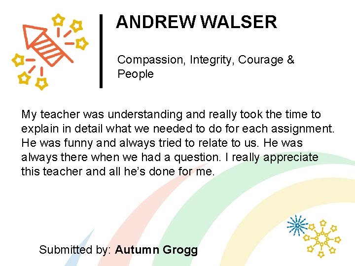 ANDREW WALSER Compassion, Integrity, Courage & People My teacher was understanding and really took