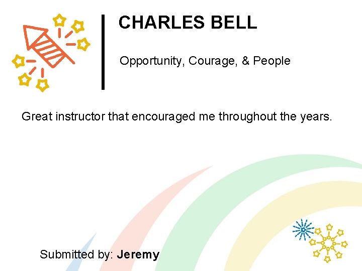 CHARLES BELL Opportunity, Courage, & People Great instructor that encouraged me throughout the years.