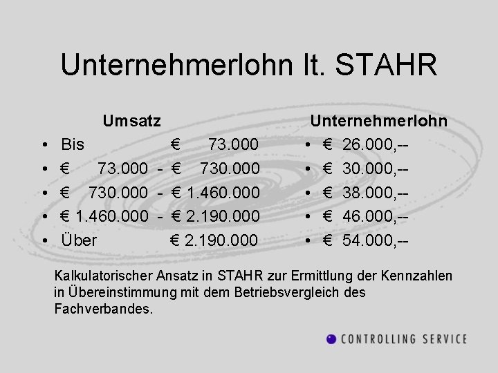 Unternehmerlohn lt. STAHR Umsatz • • • Bis € 73. 000 - € 730.