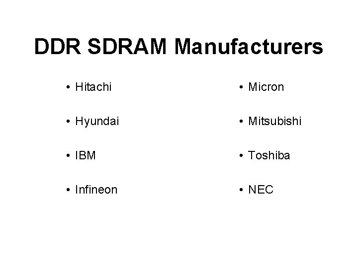 DDR SDRAM Manufacturers • Hitachi • Micron • Hyundai • Mitsubishi • IBM •