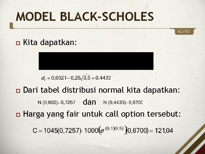 MODEL BLACK-SCHOLES 62/65 Kita dapatkan: Dari tabel distribusi normal kita dapatkan: dan Harga yang