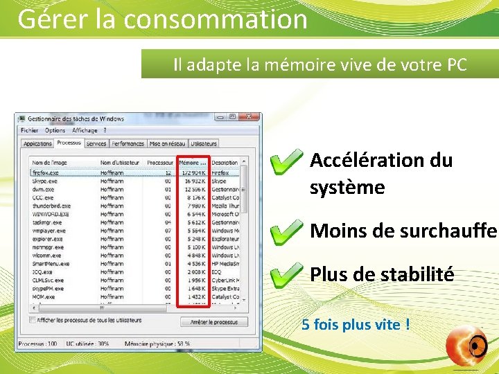 Gérer la consommation Il adapte la mémoire vive de votre PC Accélération du système