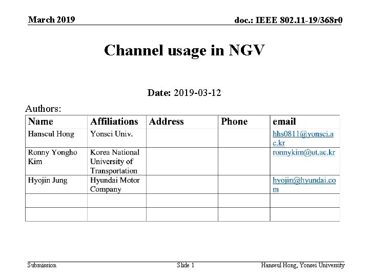 March 2019 doc. : IEEE 802. 11 -19/368 r 0 Channel usage in NGV