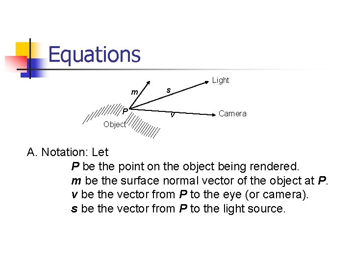 Equations Light m P s v Camera Object A. Notation: Let P be the