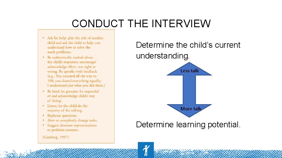 CONDUCT THE INTERVIEW Determine the child’s current understanding. Less talk More talk Determine learning