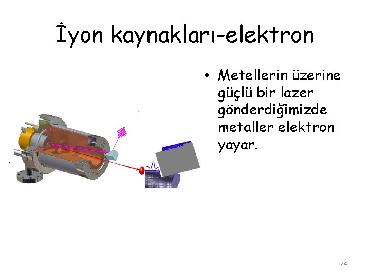 İyon kaynakları-elektron • Metellerin üzerine güçlü bir lazer gönderdiğimizde metaller elektron yayar. 24 