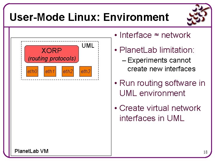 User-Mode Linux: Environment • Interface ≈ network UML XORP (routing protocols) eth 0 eth