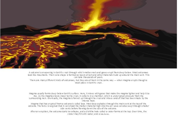 A volcano is an opening in Earth’s crust through which molten rock and gases