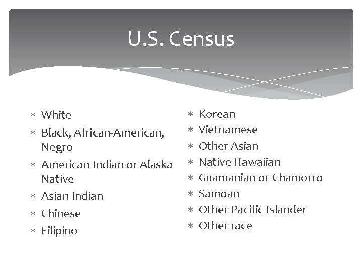U. S. Census White Black, African-American, Negro American Indian or Alaska Native Asian Indian U. S. Census White Black, African-American, Negro American Indian or Alaska Native Asian Indian