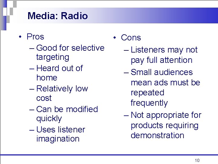 Media: Radio • Pros • Cons – Good for selective – Listeners may not