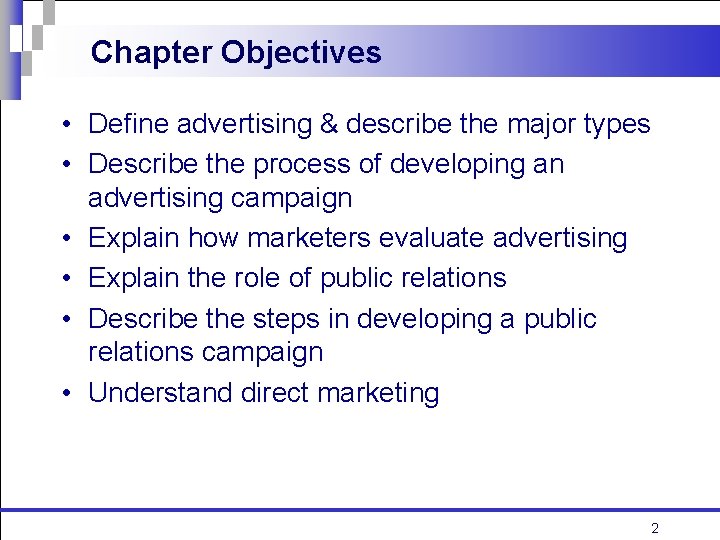 Chapter Objectives • Define advertising & describe the major types • Describe the process